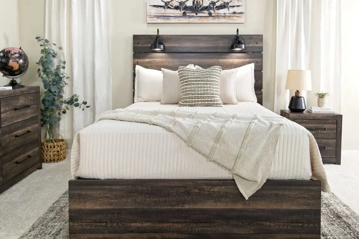 Dallas Panel Bed W/ Lights, Dresser, Mirror & Nightstand In White Wash, Twin