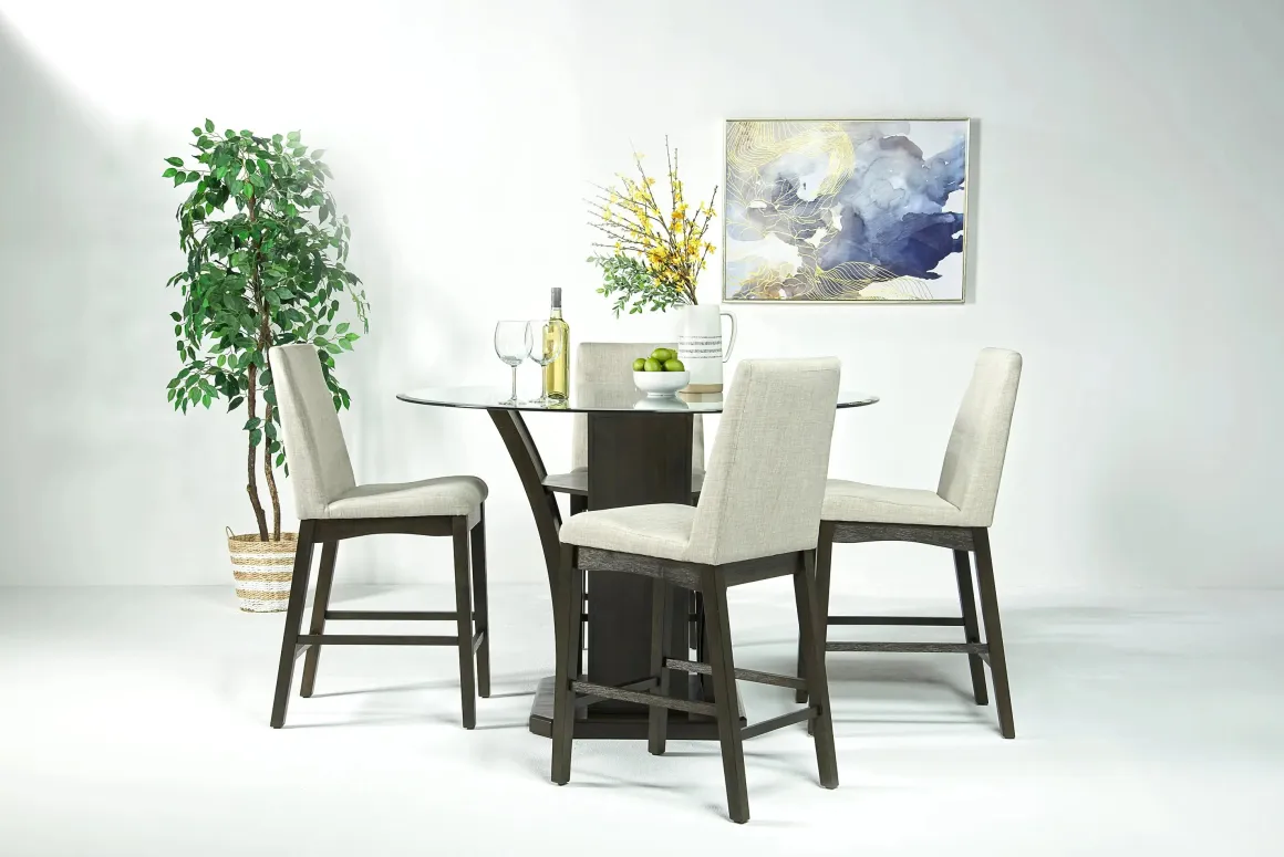 Dapper Round Counter Height Dining Table & 4 Stools In Gray