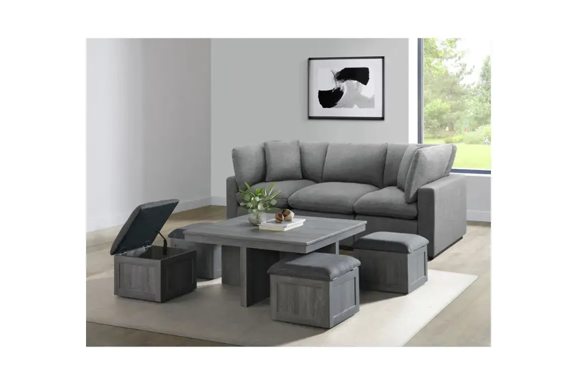 Dawson Coffee Table W/ 4 Storage Stools In Gray