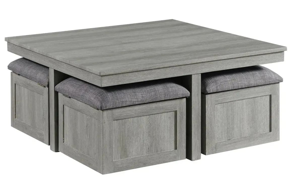 Dawson Coffee Table W/ 4 Storage Stools In Gray