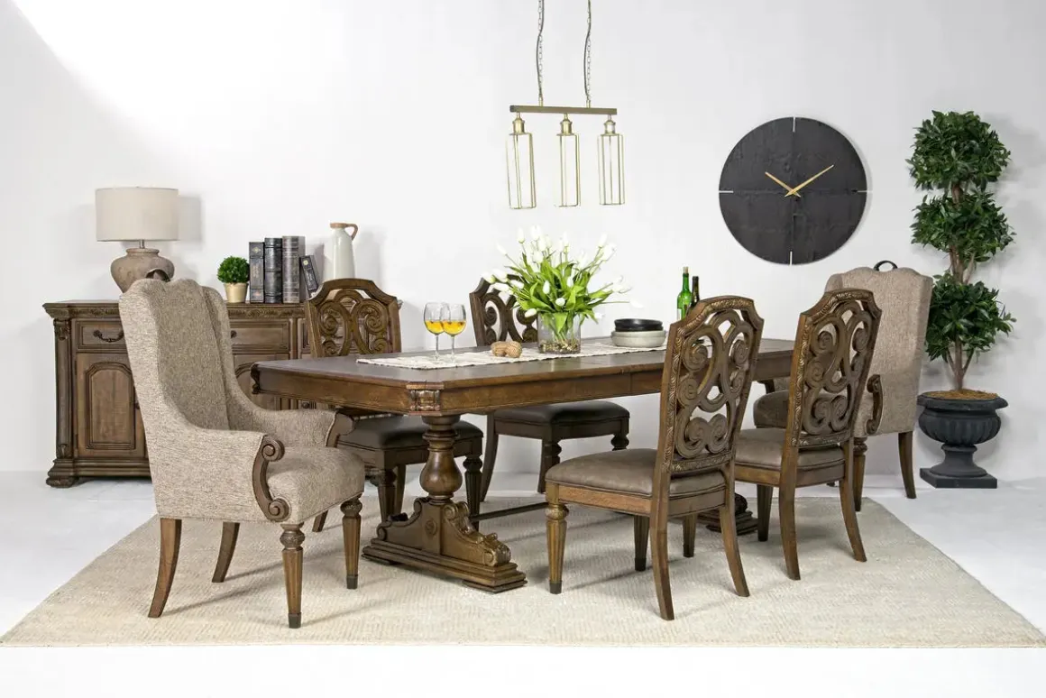 Durango Dining Table, 4 Side Chairs & 2 Arm Chairs In Fawn
