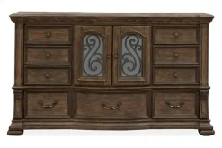 Durango Panel Bed, Dresser, Mirror & 3 Drawer Nightstand In Fawn, Queen