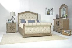 Durango Sleigh Bed, Dresser, Mirror & 3 Drawer Nightstand In Fawn, Queen