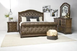 Durango Sleigh Bed, Dresser, Mirror & 3 Drawer Nightstand In Fawn, Queen