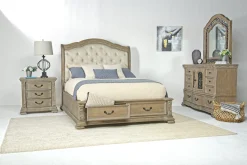 Durango Sleigh Bed W/ Storage, Dresser, Mirror & 3 Drawer Nightstand In Fawn, Queen