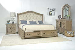 Durango Sleigh Bed W/ Storage, Dresser, Mirror & 3 Drawer Nightstand In Fawn, Queen