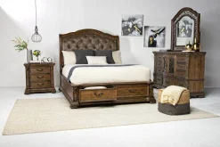Durango Sleigh Bed W/ Storage, Dresser, Mirror & 3 Drawer Nightstand In Fawn, Queen