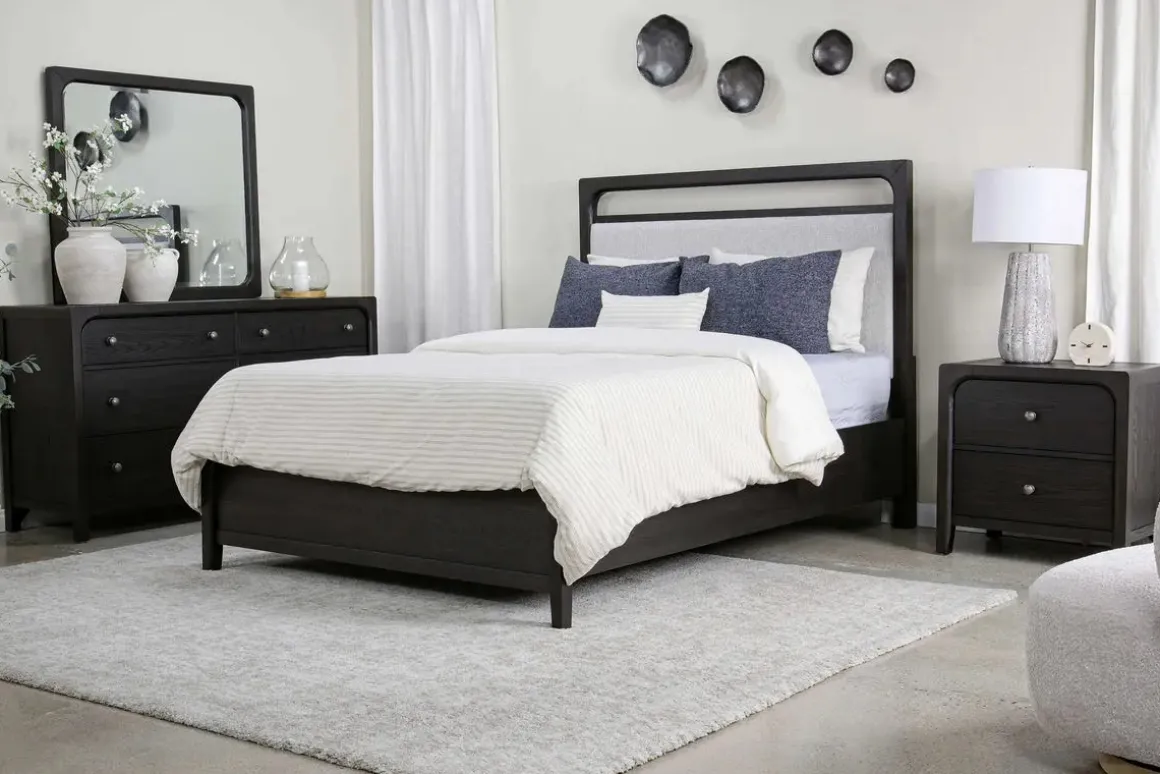 Easton Upholstered Bed, Dresser, Mirror & Nightstand In Natural, Ca King