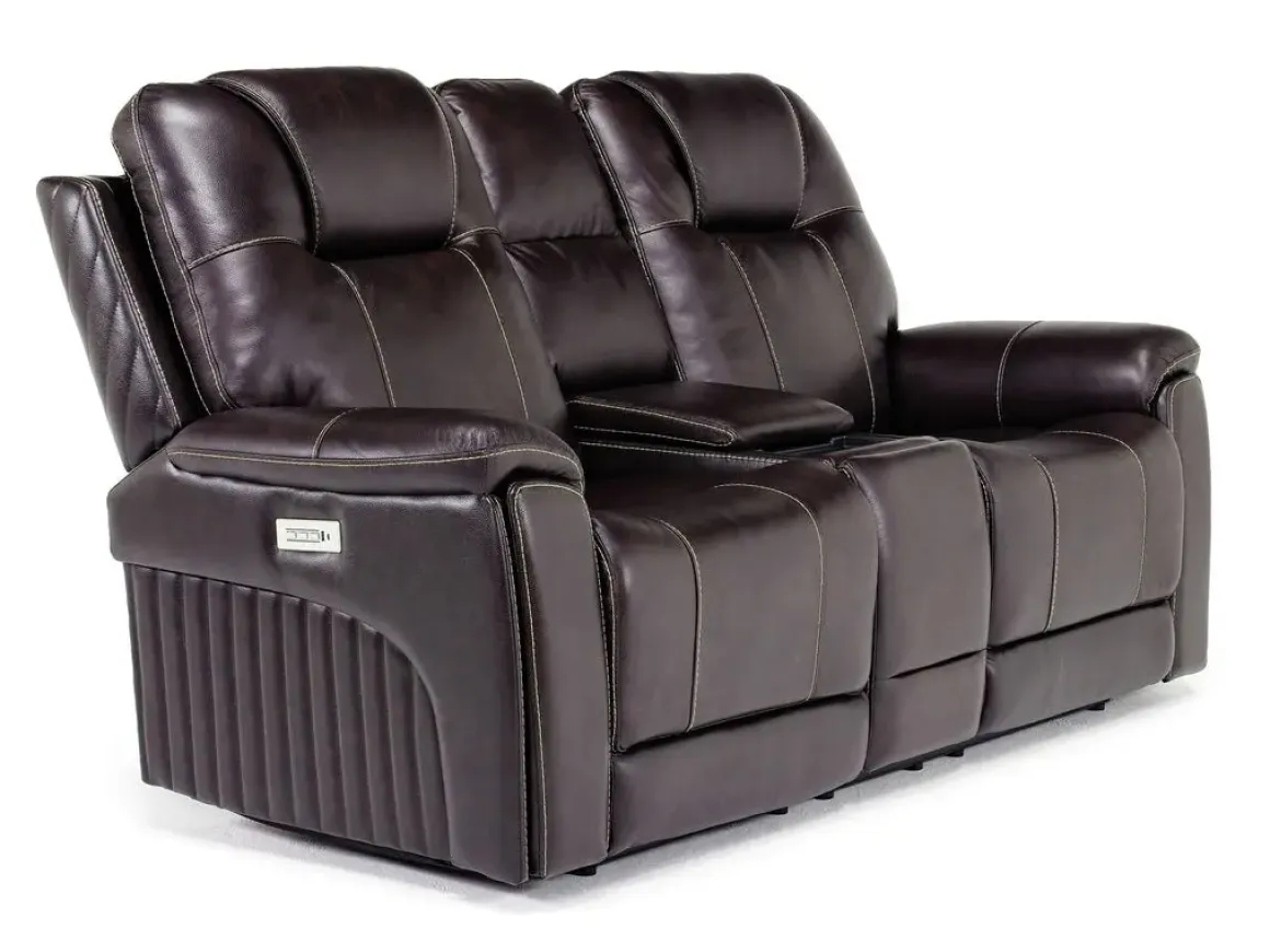 Echo 3 Power Console Loveseat In Rainier Walnut Leather