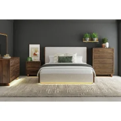 Elm Upholstered Bed W/ Lights, Dresser, Mirror & Nightstand In Brown, Queen