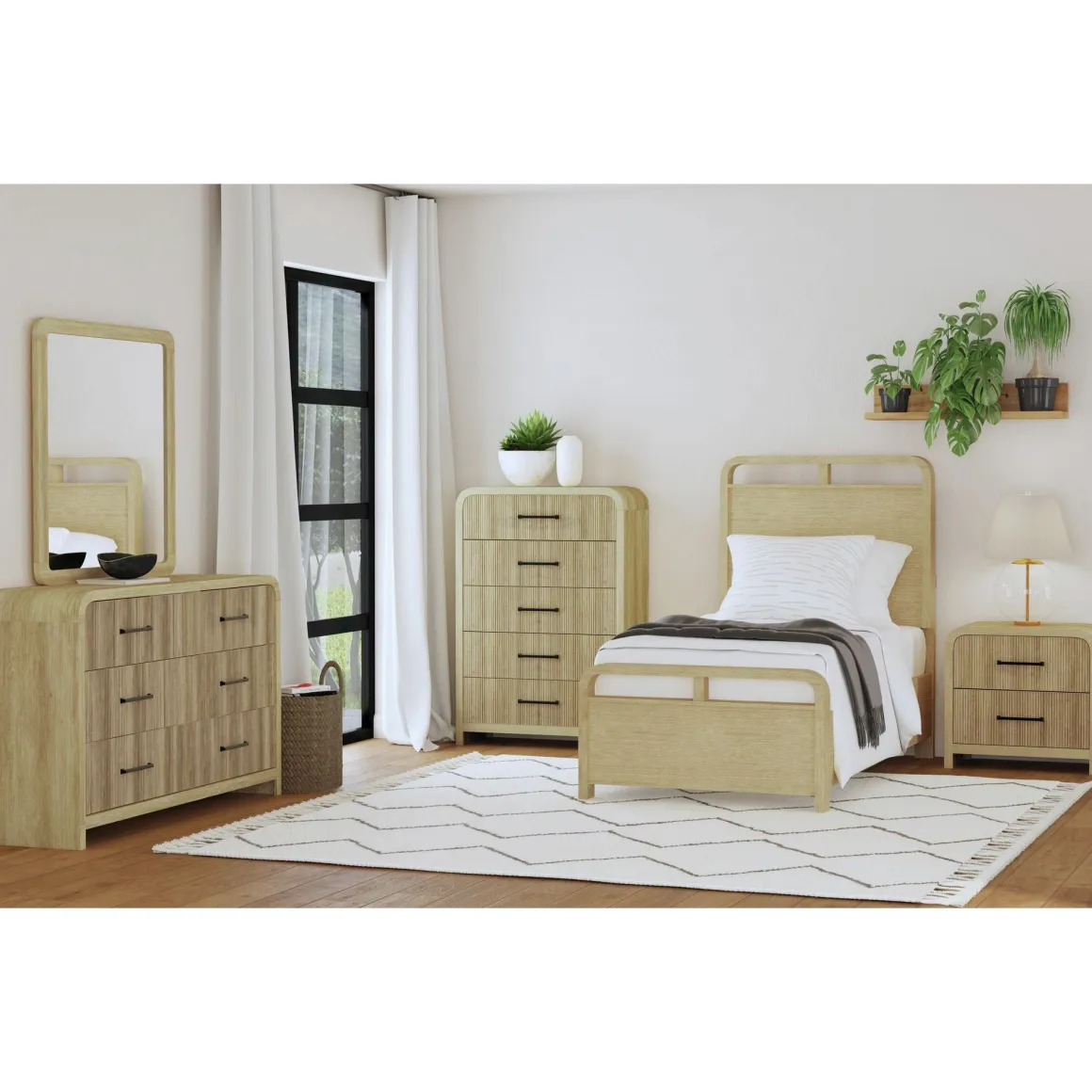 Emberly Panel Bed, Dresser, Mirror & Nightstand In Black, Twin