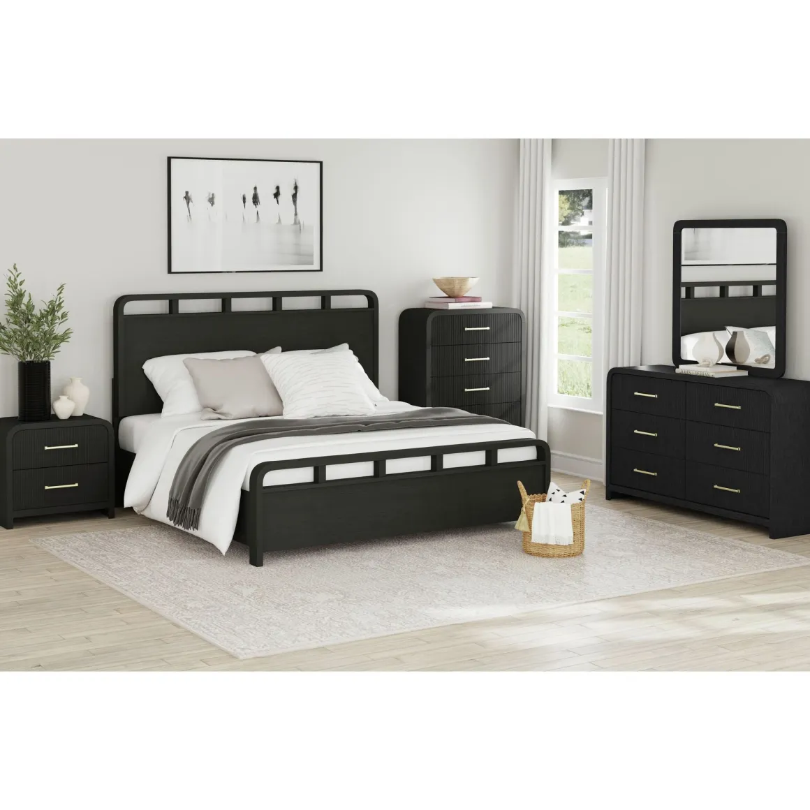 Emberly Panel Bed, Dresser, Mirror & Nightstand In Black, Twin