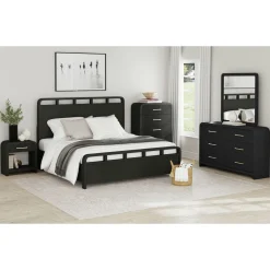 Emberly Panel Bed, Dresser, Mirror & Nightstand In Black, Twin