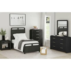 Emberly Panel Bed, Dresser, Mirror & Nightstand In Black, Twin