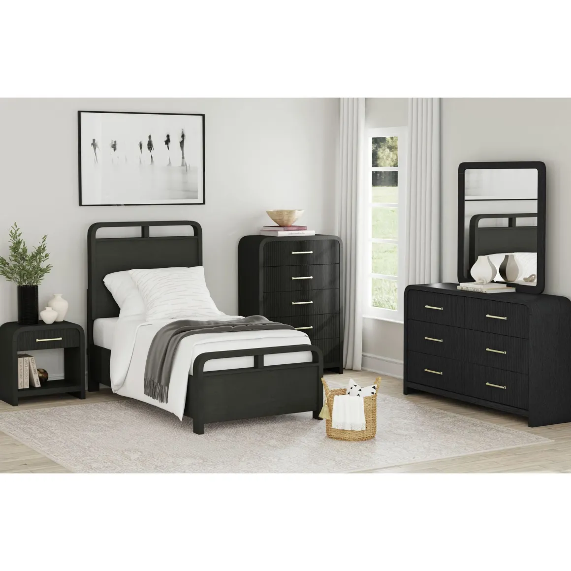 Emberly Panel Bed, Dresser, Mirror & Nightstand In Black, Twin