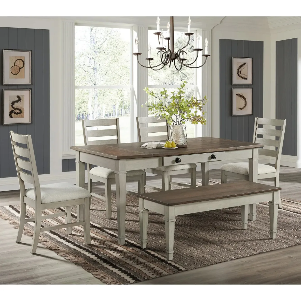 Farmington Dining Table, 4 Chairs & Bench In Medium Brown/Washed Stone
