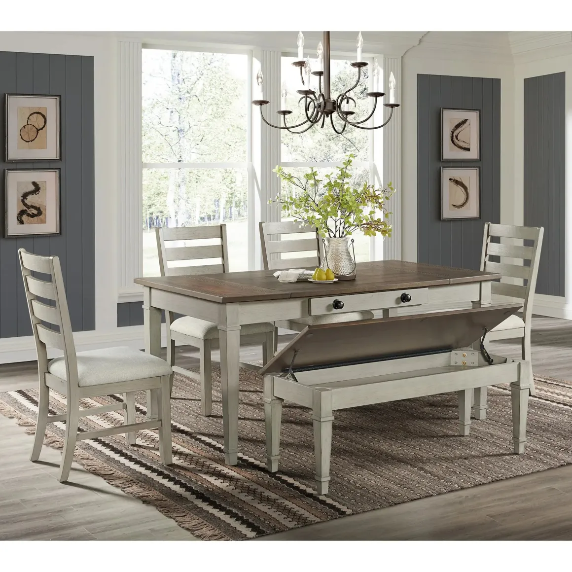 Farmington Dining Table, 4 Chairs & Bench In Medium Brown/Washed Stone