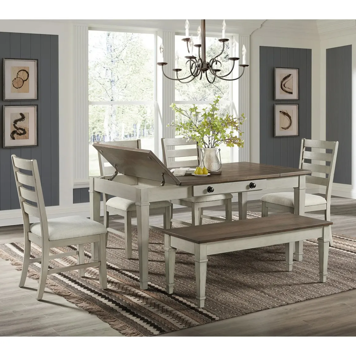 Farmington Dining Table, 4 Chairs & Bench In Medium Brown/Washed Stone