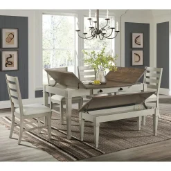 Farmington Dining Table, 4 Chairs & Bench In Medium Brown/Washed Stone