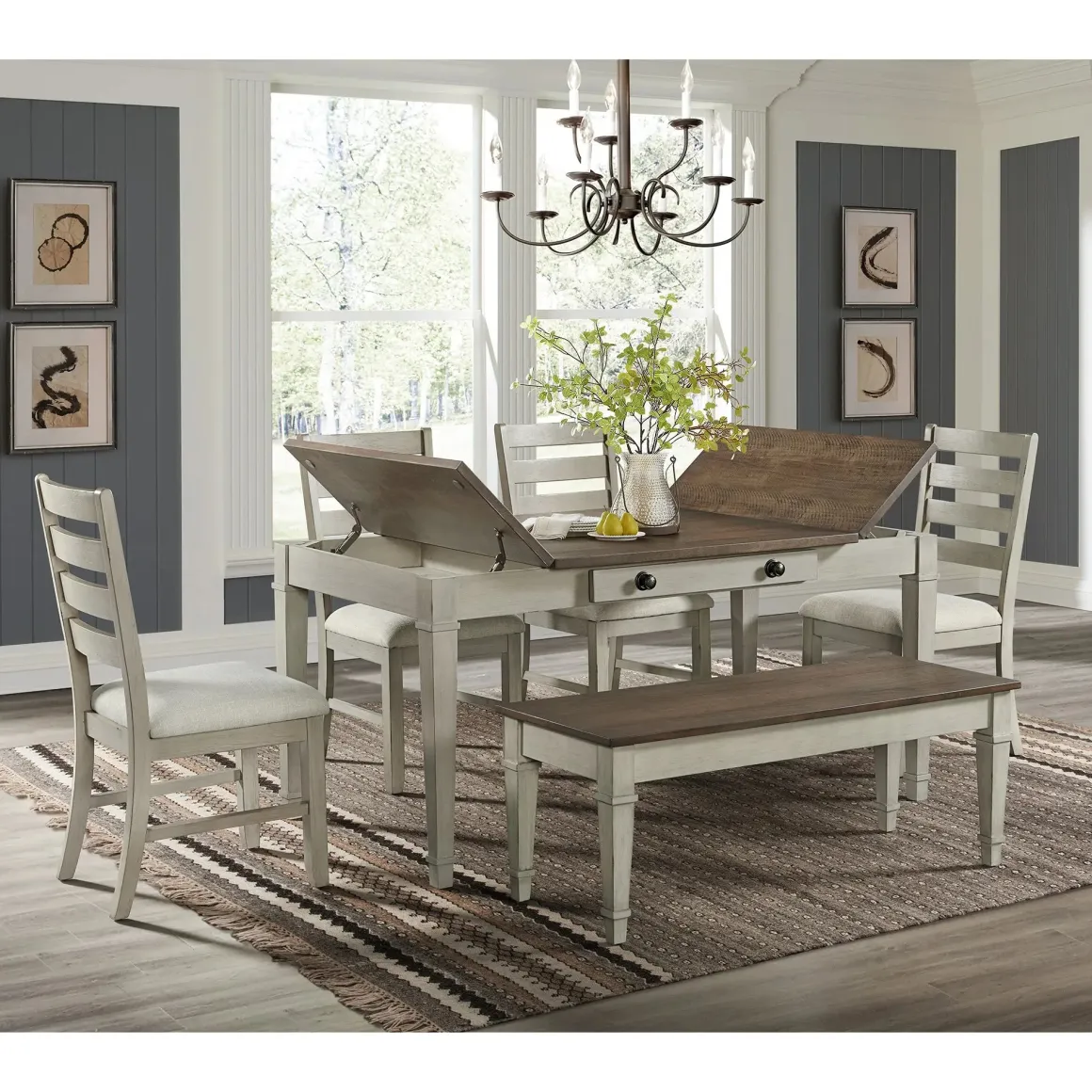 Farmington Dining Table, 4 Chairs & Bench In Medium Brown/Washed Stone