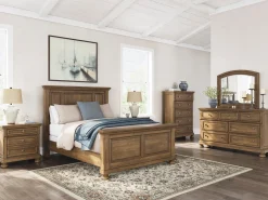 Feddinger Panel Bed, Dresser, Mirror & Nightstand In Medium Brown, Queen