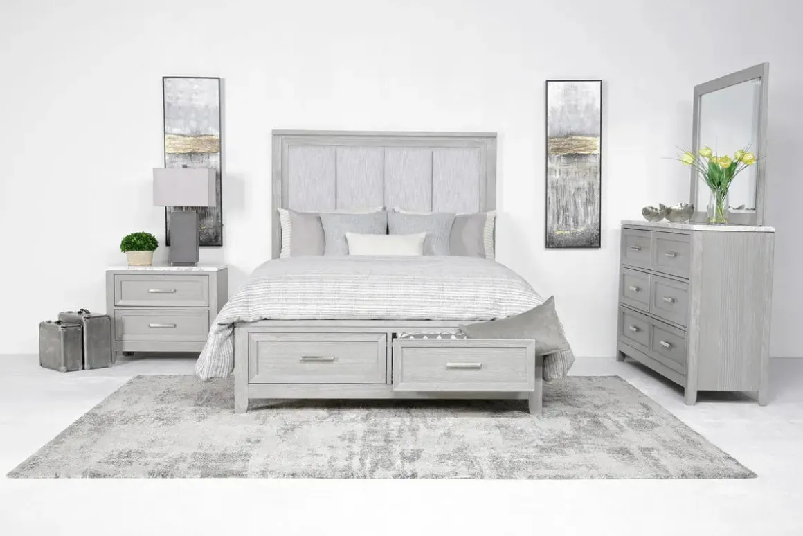 Fiona Storage Bed, Dresser, Mirror & Nightstand In Mist Gray, Queen
