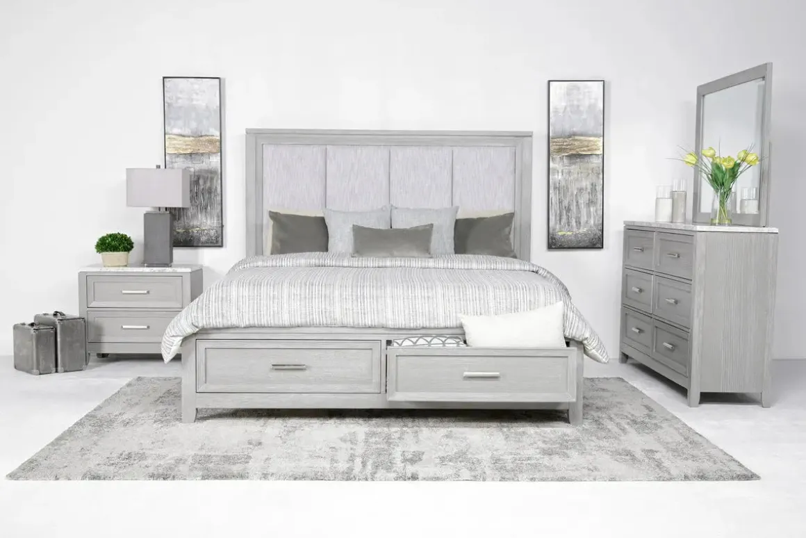 Fiona Storage Bed, Dresser, Mirror & Nightstand In Mist Gray, Queen