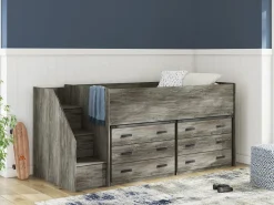 Frandern Loft Bed W/ Caster Bed & Storage Steps In Gray, Twin