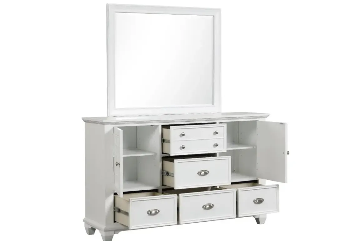 Jamestown Panel Bed, Dresser, Mirror & Nightstand In White, Queen