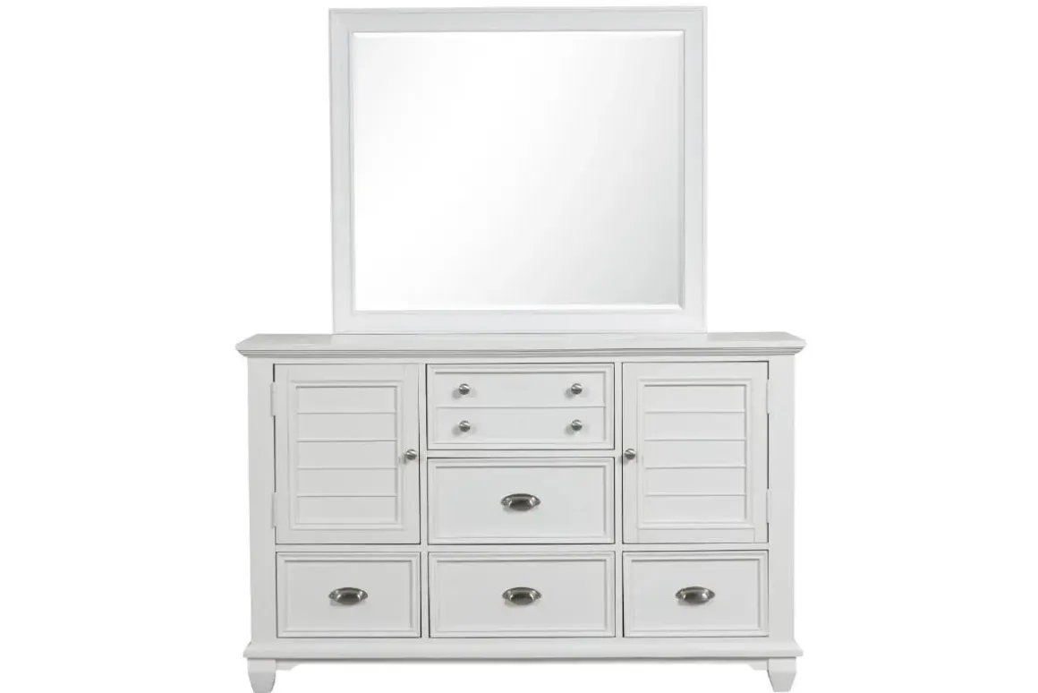 Jamestown Panel Bed, Dresser, Mirror & Nightstand In White, Queen