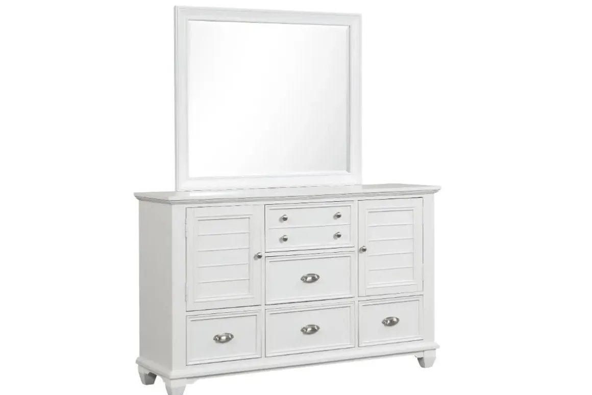 Jamestown Panel Bed, Dresser, Mirror & Nightstand In White, Queen