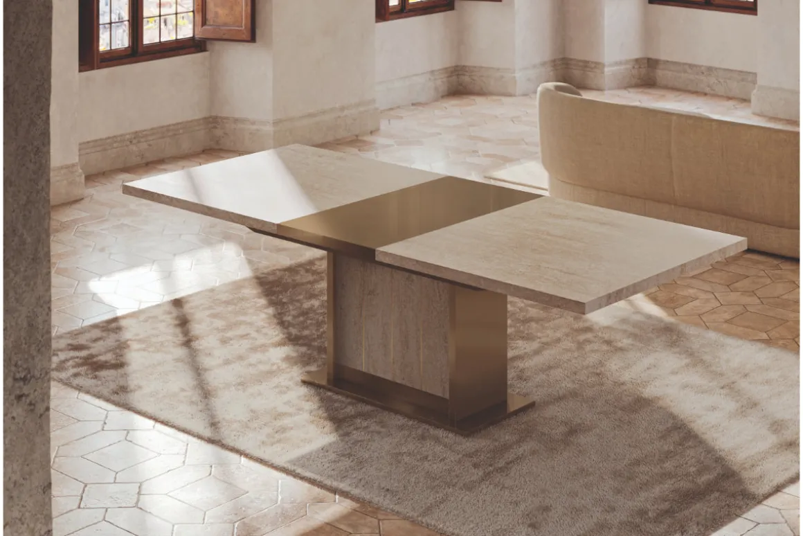Jo 83" Dining Table In Gold/Travertino Eco Stone