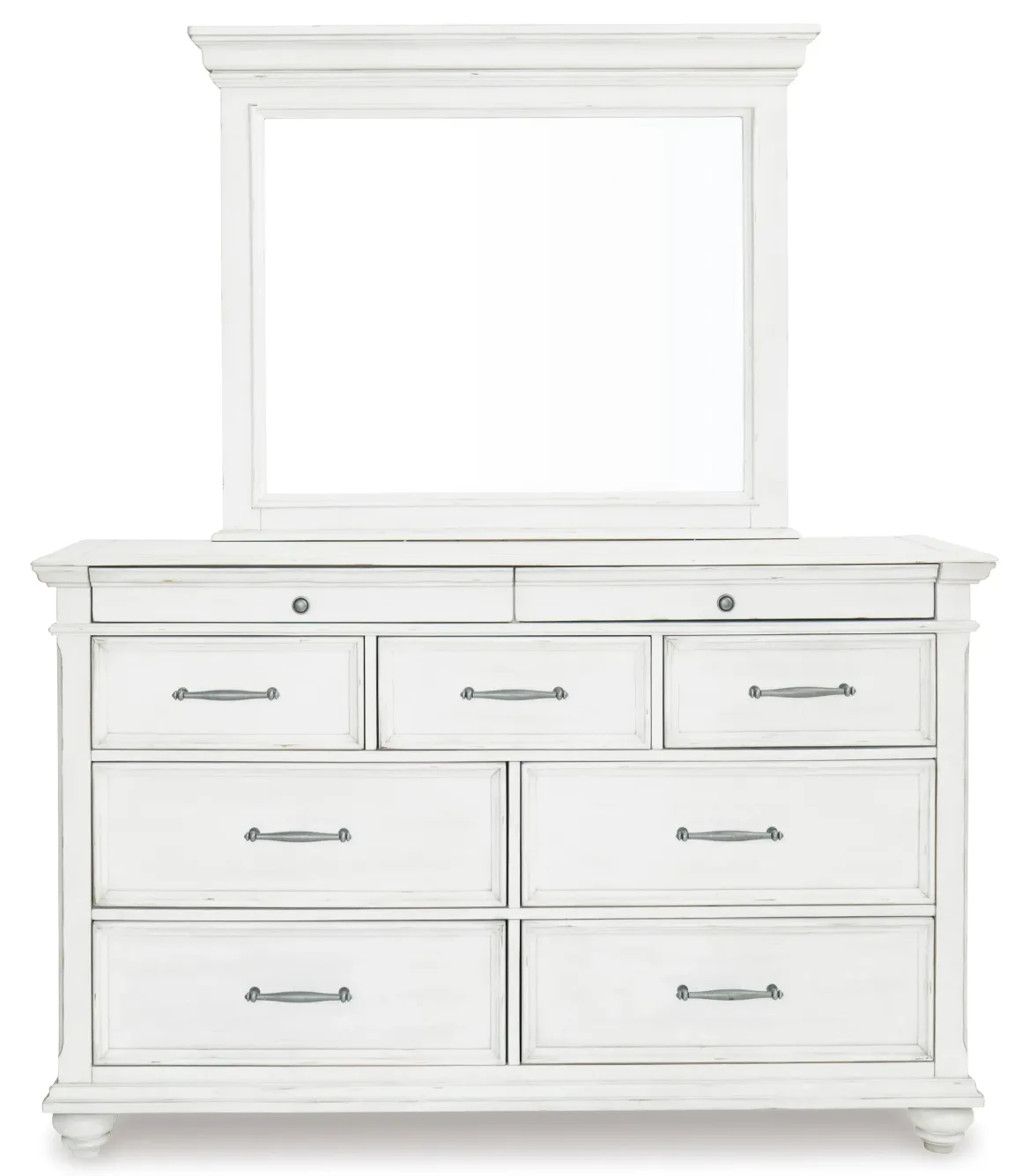 Kanwyn Panel Bed W/ Storage, Dresser, Mirror & Nightstand In White Wash, Queen