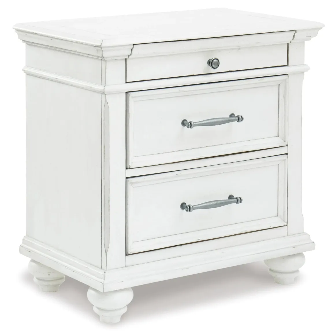 Kanwyn Panel Bed W/ Storage, Dresser, Mirror & Nightstand In White Wash, Queen