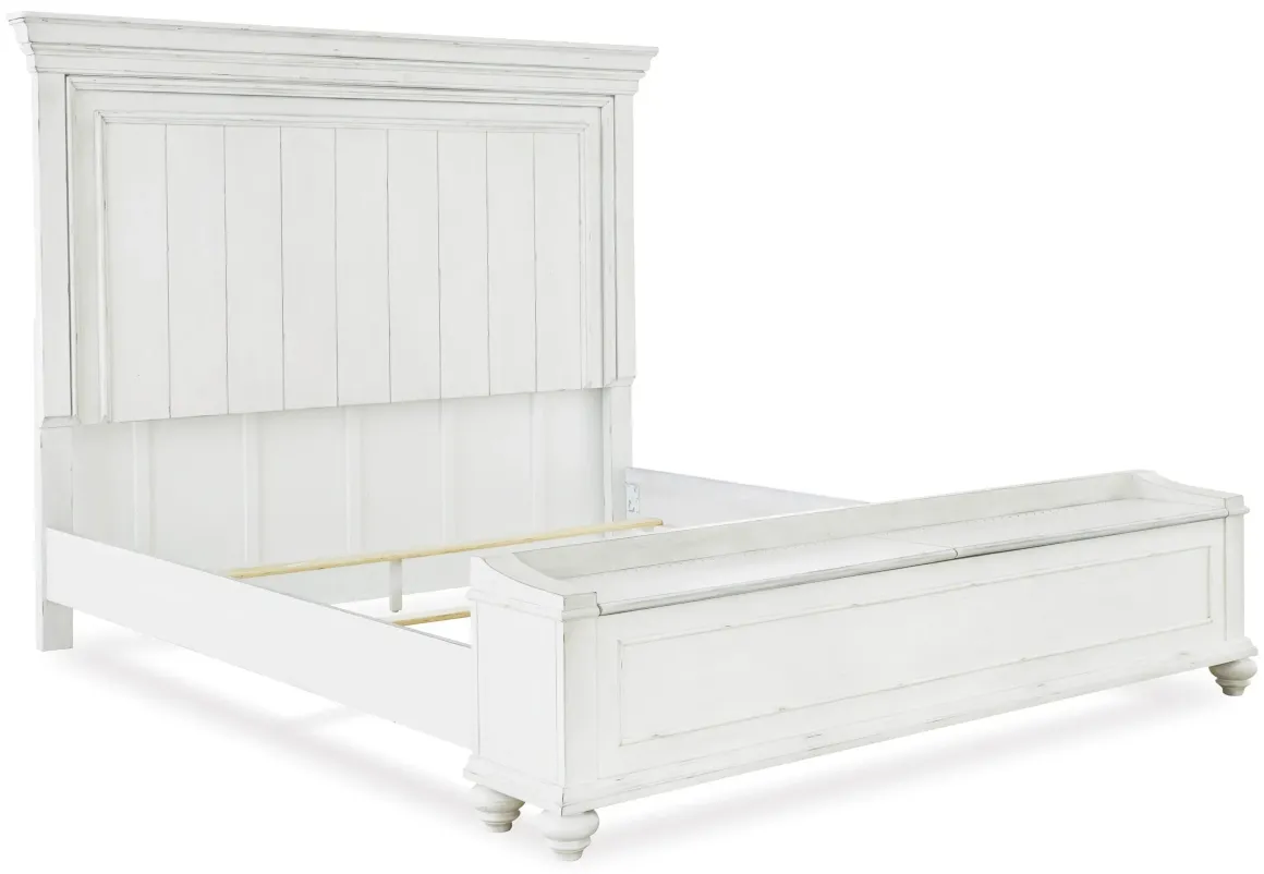 Kanwyn Panel Bed W/ Storage, Dresser, Mirror & Nightstand In White Wash, Queen