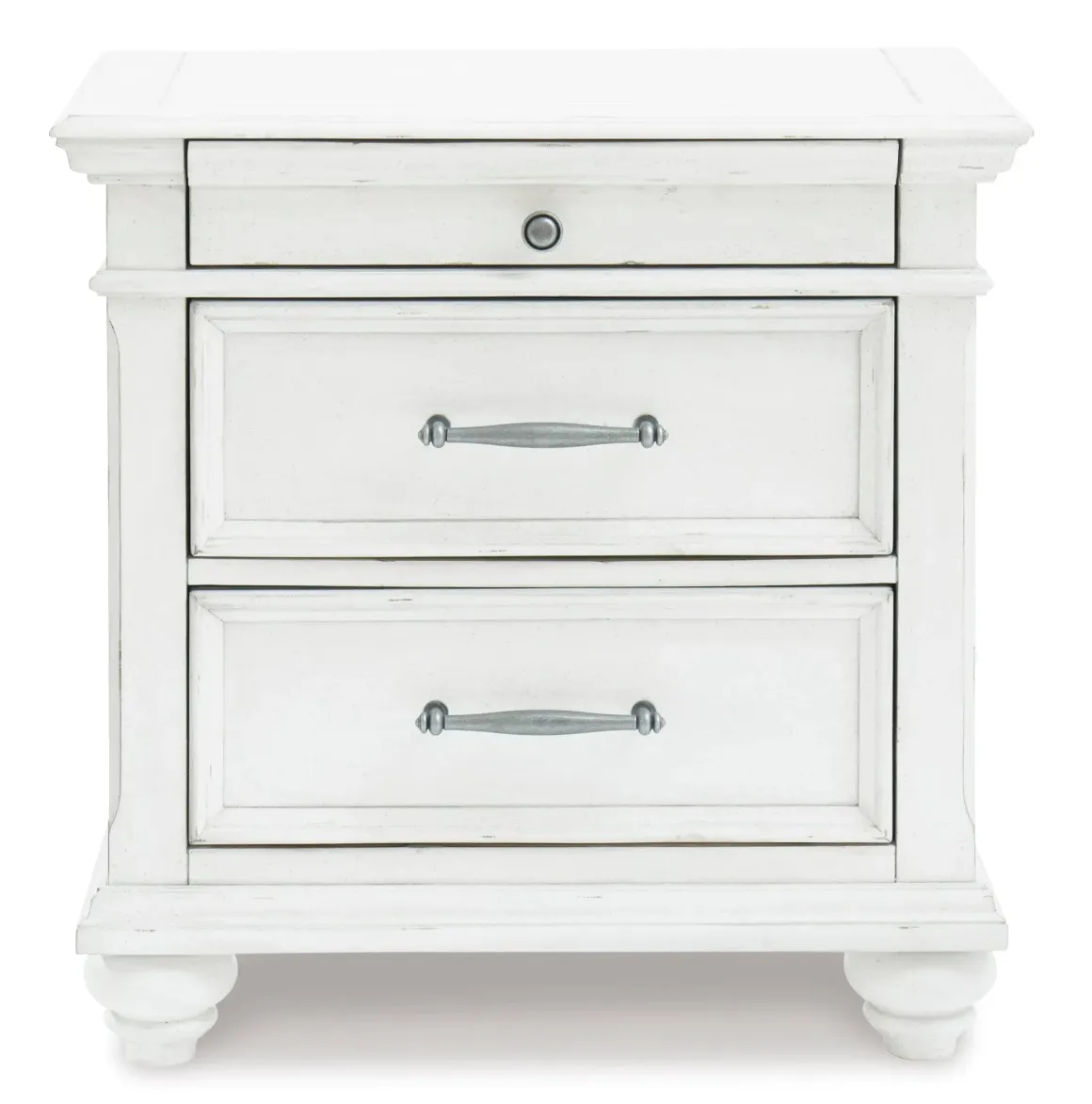 Kanwyn Panel Bed W/ Storage, Dresser, Mirror & Nightstand In White Wash, Queen