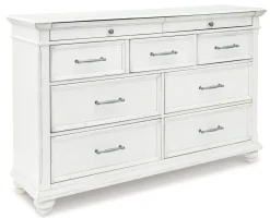 Kanwyn Panel Bed W/ Storage, Dresser, Mirror & Nightstand In White Wash, Queen