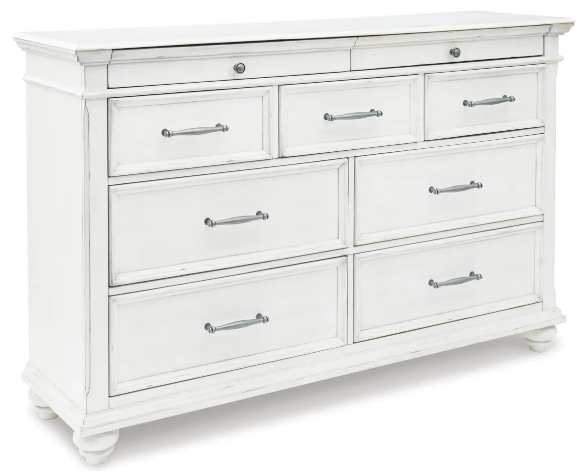 Kanwyn Panel Bed W/ Storage, Dresser, Mirror & Nightstand In White Wash, Queen