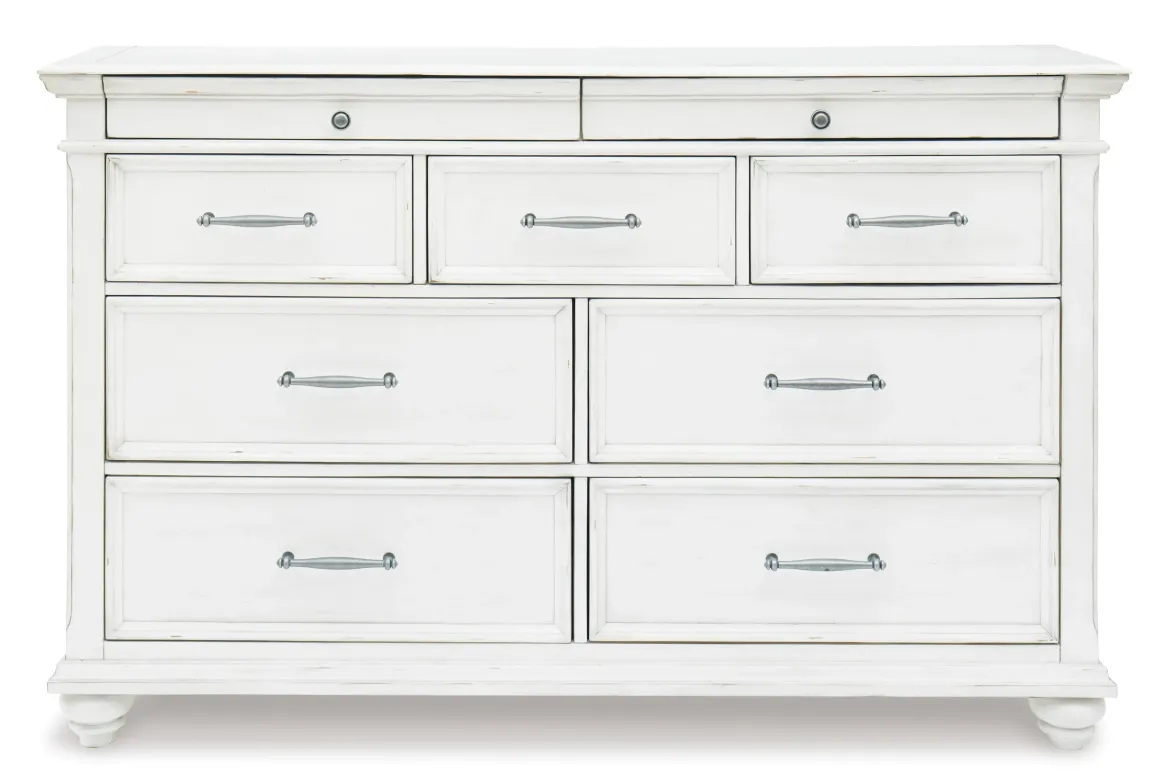 Kanwyn Panel Bed W/ Storage, Dresser, Mirror & Nightstand In White Wash, Queen