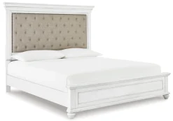 Kanwyn Upholstered Panel Bed, Dresser, Mirror & Nightstand In White Wash, Queen