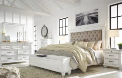 Kanwyn Upholstered Panel Bed W/ Storage In White Wash, Queen