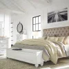 Kanwyn Upholstered Panel Bed W/ Storage, Dresser, Mirror & Nightstand In White Wash, Queen