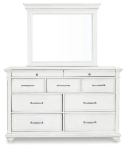 Kanwyn Upholstered Panel Bed W/ Storage, Dresser, Mirror & Nightstand In White Wash, Queen