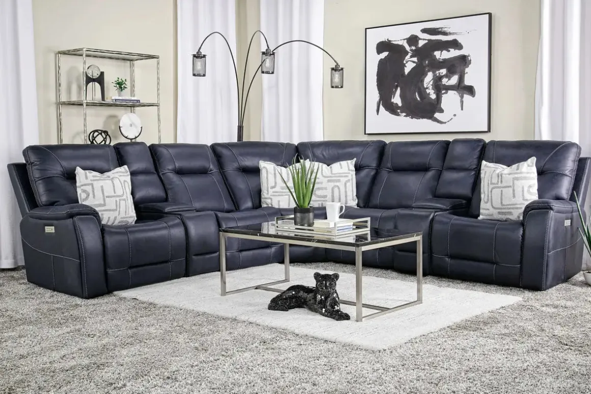 Kingston 7 Piece Sectional W/ 3 Power Armless Recliner & Usb In Canyon Ocean