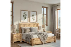 Laramie Panel Bed, Dresser, Mirror & 2 Drawer Nightstand In Honey Wheat, Queen