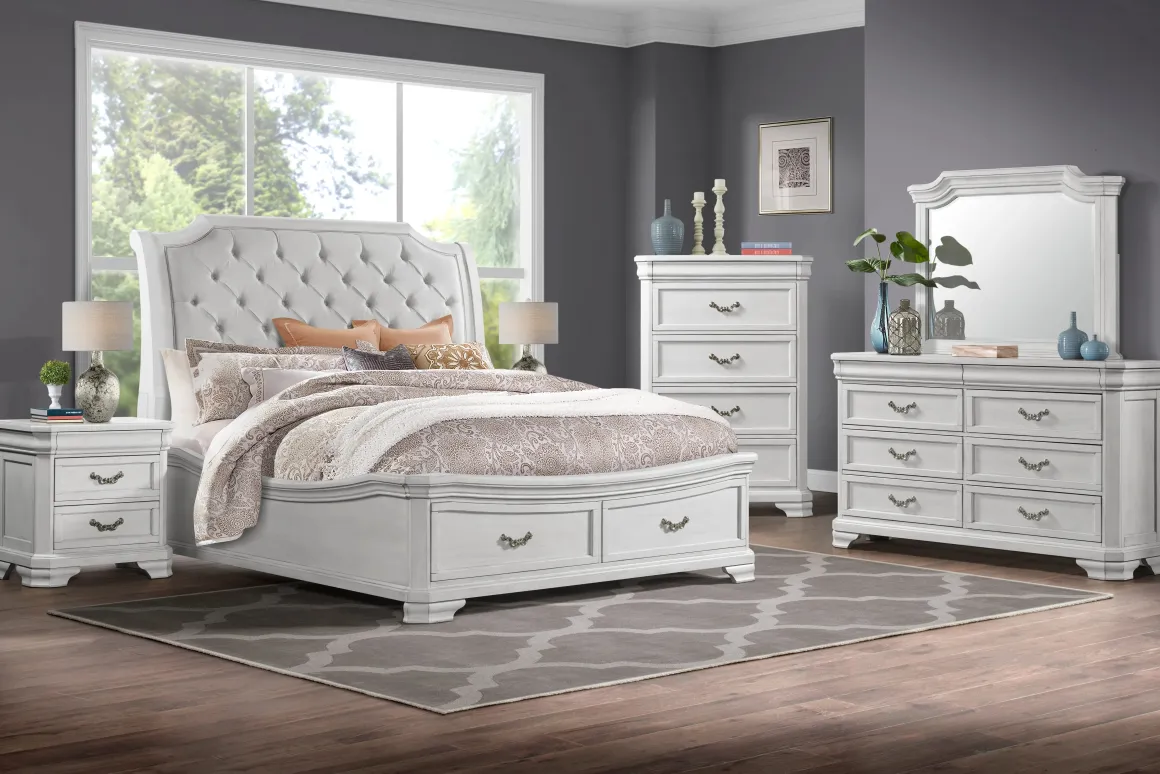 Lyndhurst Sleigh Bed W/ Storage, Dresser, Mirror & Nightstand In Vintage White, Queen