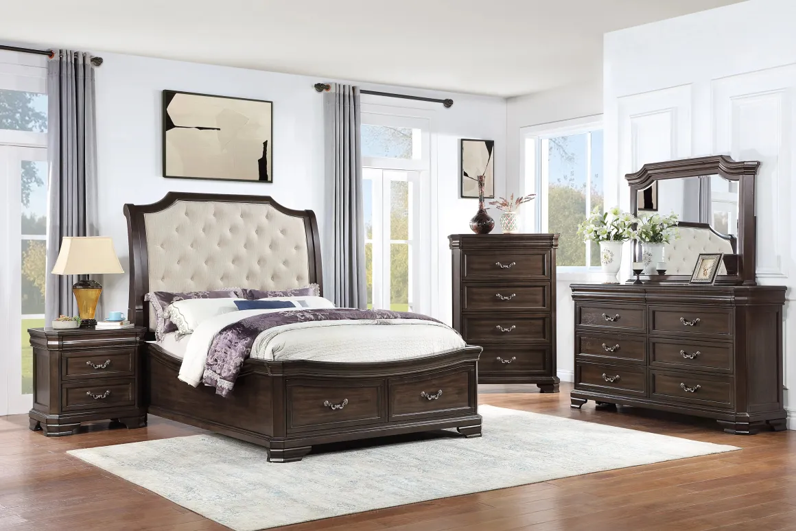 Lyndhurst Sleigh Bed W/ Storage, Dresser, Mirror & Nightstand In Vintage White, Queen