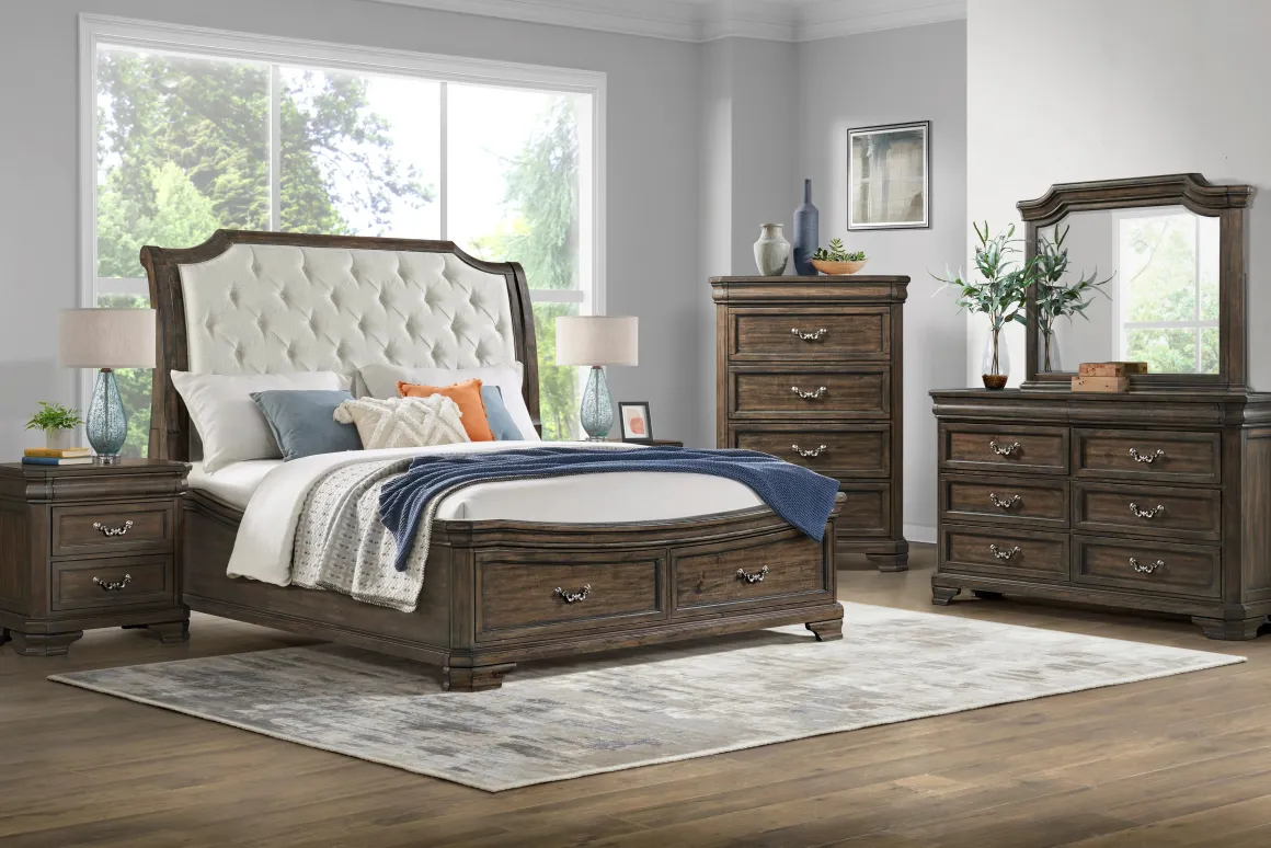 Lyndhurst Sleigh Bed W/ Storage, Dresser, Mirror & Nightstand In Vintage White, Queen