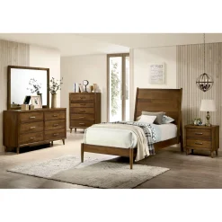 Malibu Panel Bed, Dresser, Mirror & Nightstand In Walnut, Twin