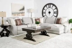 Mayflower 6 Piece 2 Power Chaise Sectional W/ 2 Power Armless Recliner & Audio Console In Ashland Sand, Left Facing